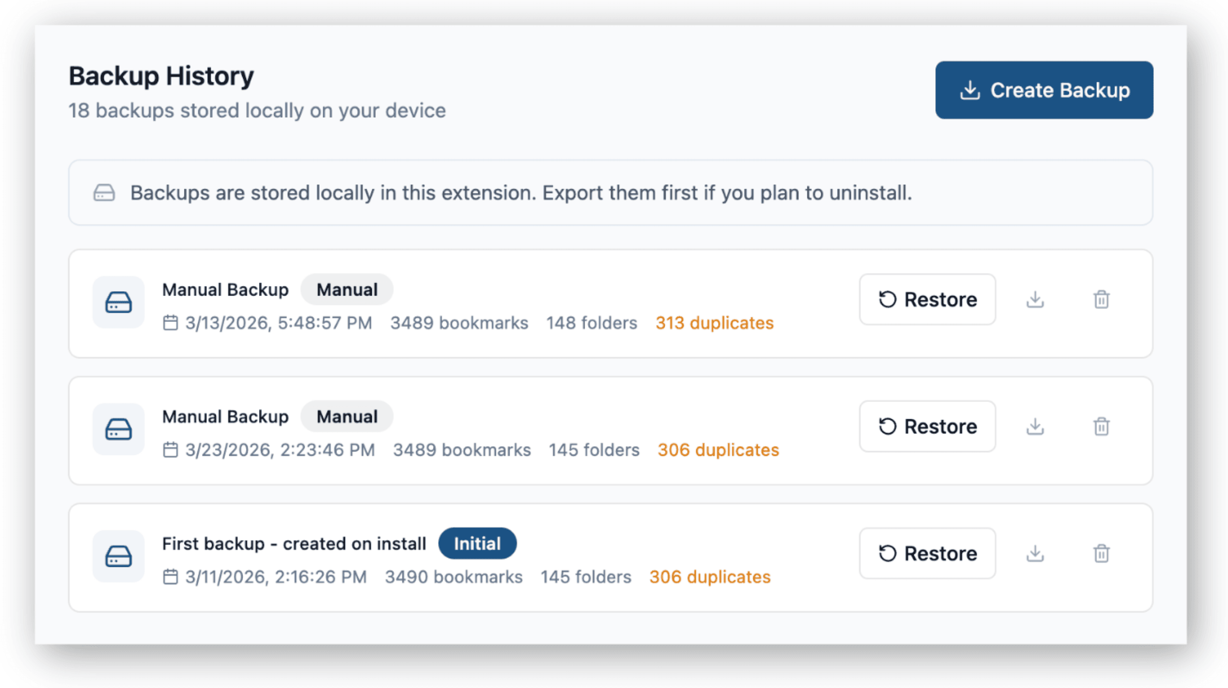TrueBookmark backup history showing multiple backups with restore buttons