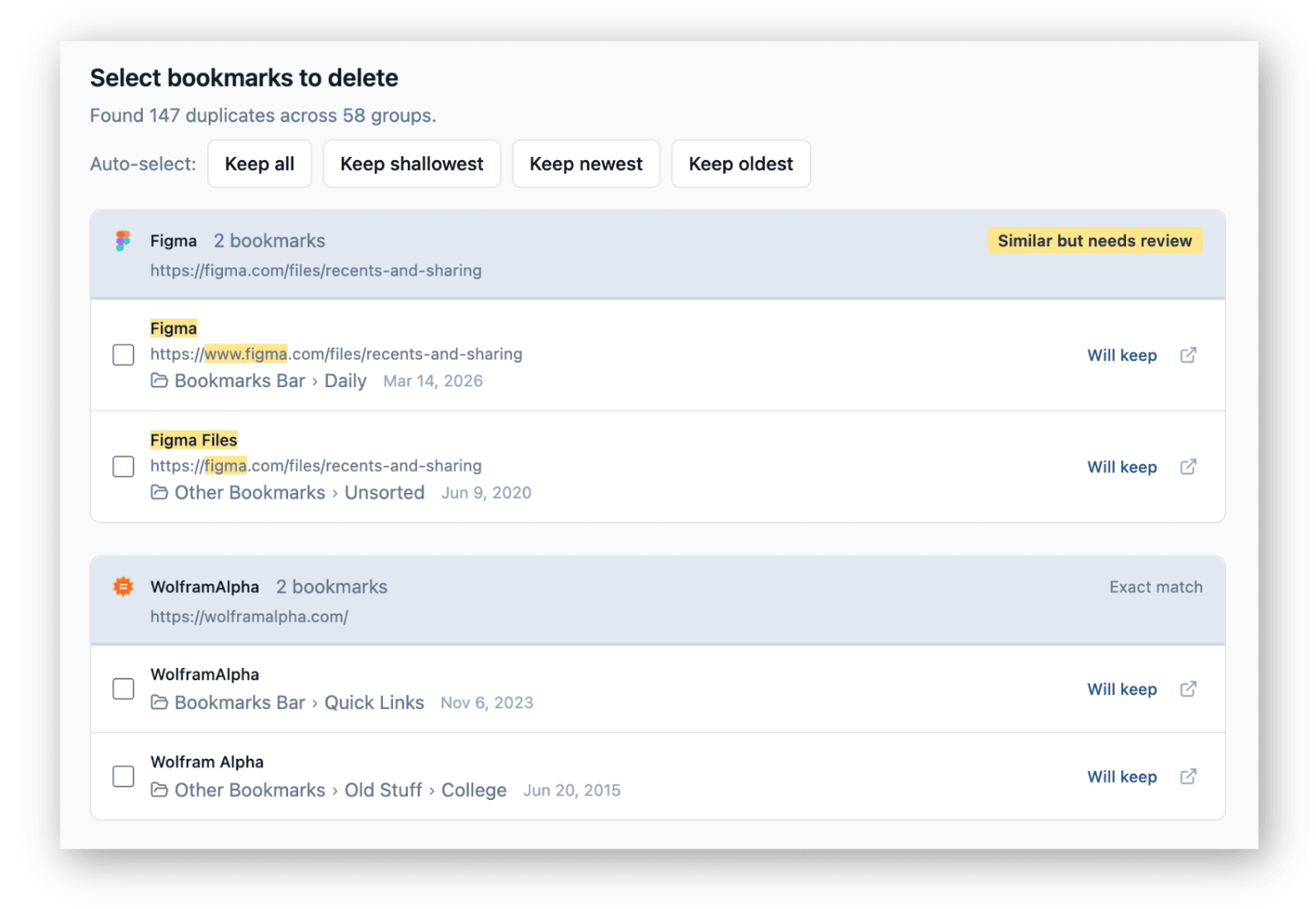 TrueBookmark duplicate review showing grouped duplicates with auto-select strategies