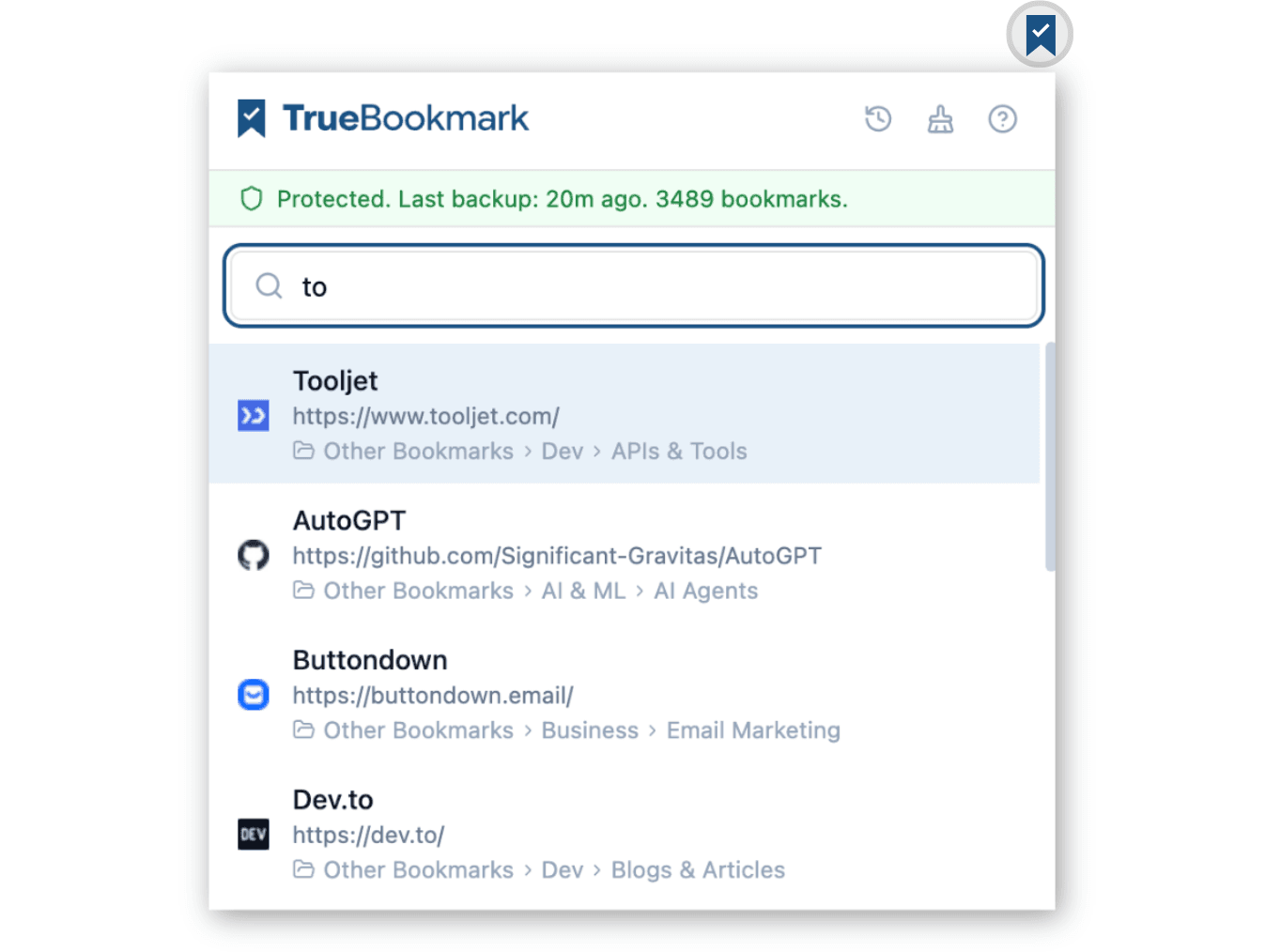 TrueBookmark Quick Find popup showing instant search results with favicons and folder paths
