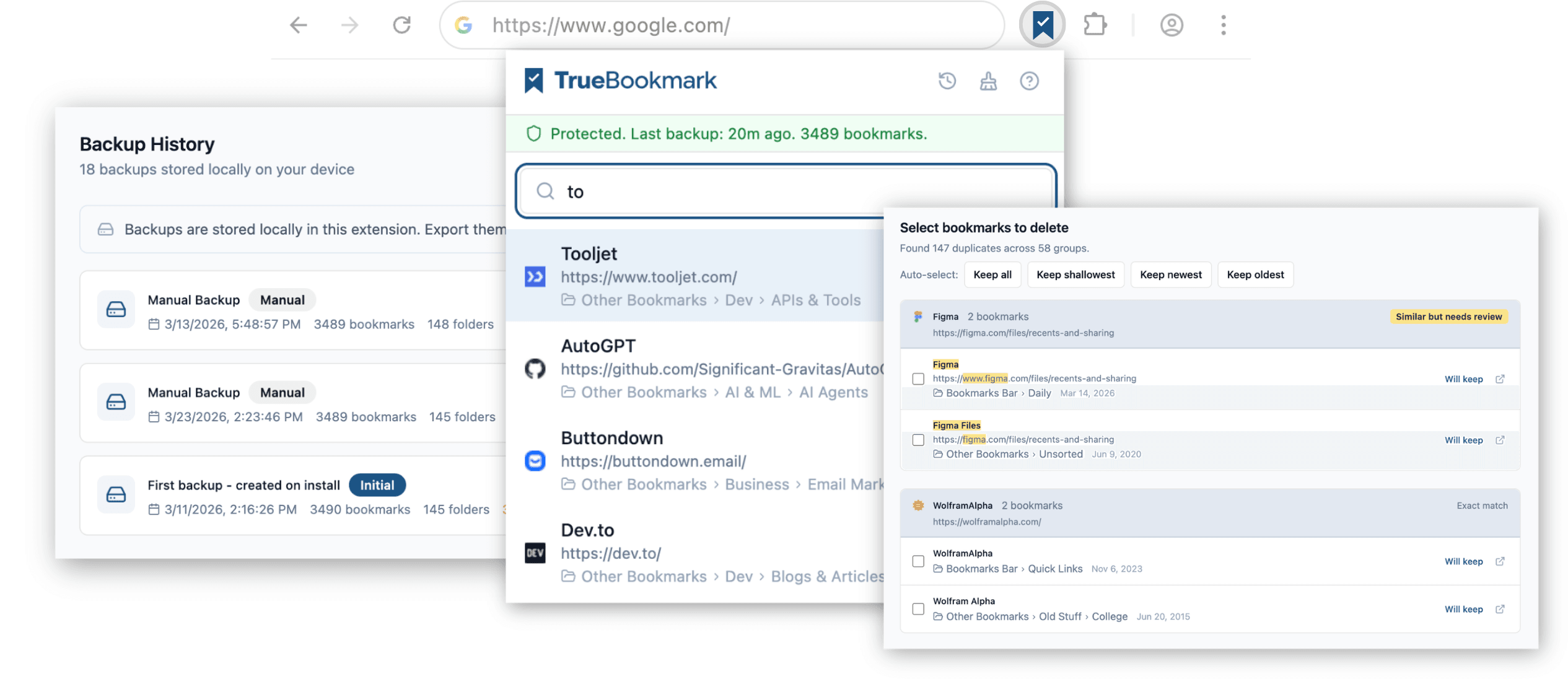 TrueBookmark extension showing backup, search, and organize features